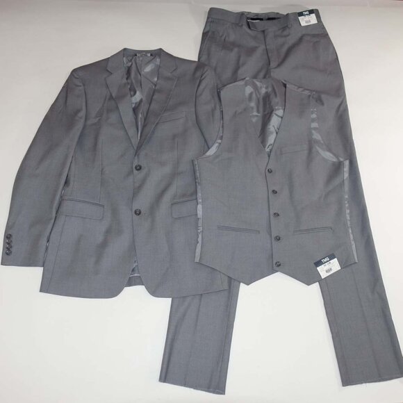 TMG Men's 3 Piece Suit Size 38 Long 32W NWT Light Gray 38L Gray Unfinished Hems